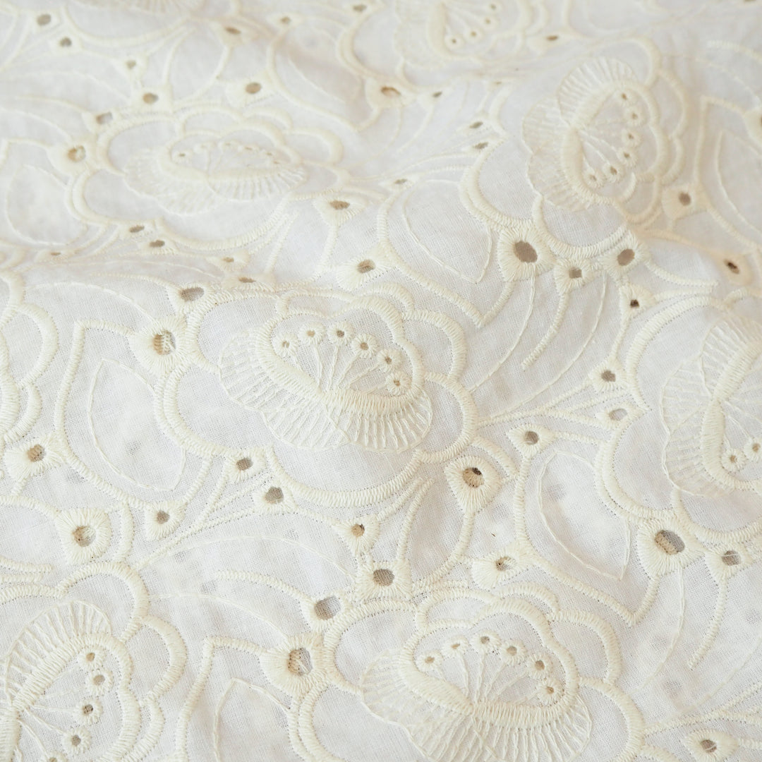 Cream puzzle floral embroidered cotton poplin fabric for dressmaking