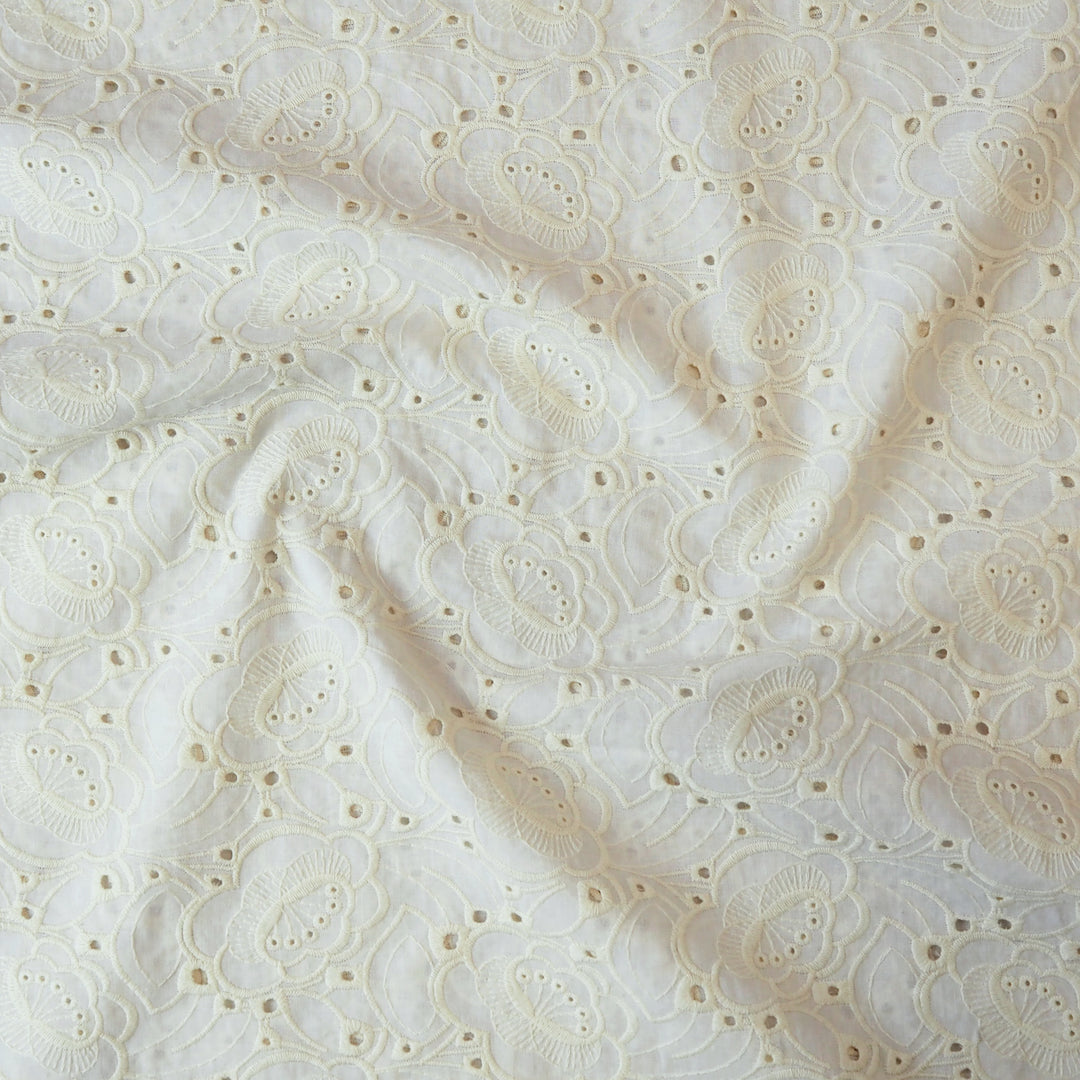 Cream puzzle floral embroidered cotton poplin fabric for dressmaking