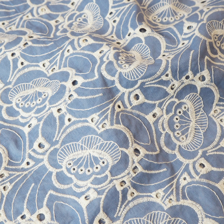 Sky blue puzzle floral embroidered cotton poplin fabric for dressmaking