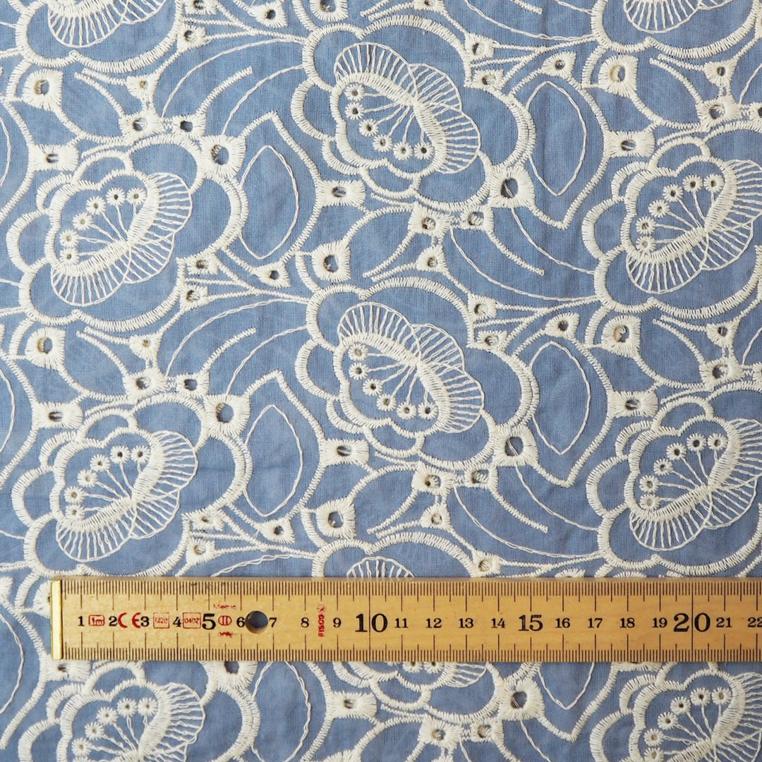 Sky blue puzzle floral embroidered cotton poplin fabric for dressmaking