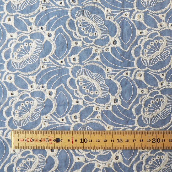 Sky blue puzzle floral embroidered cotton poplin fabric for dressmaking
