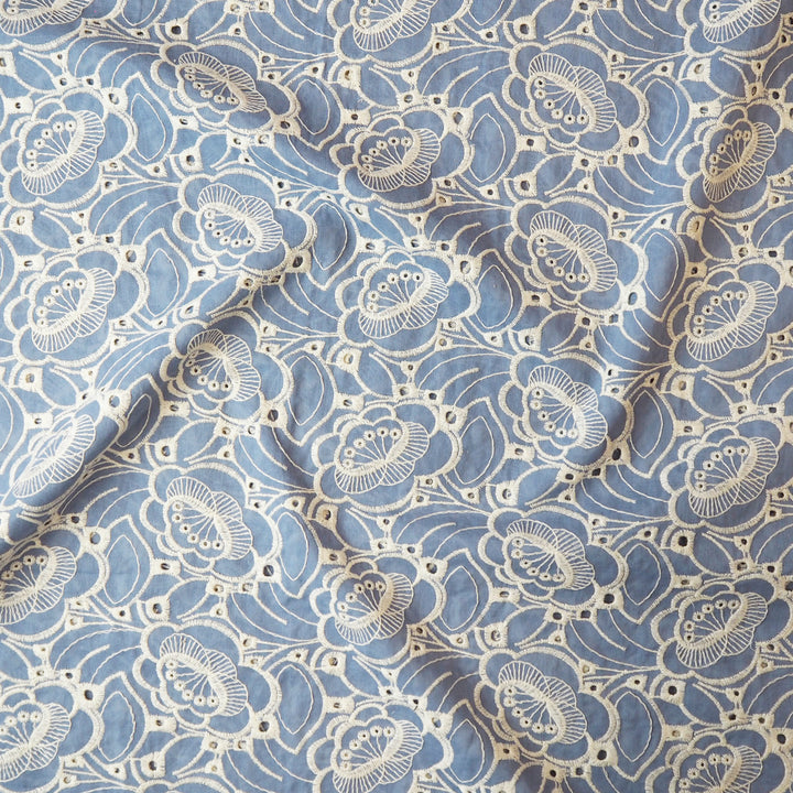 Sky blue puzzle floral embroidered cotton poplin fabric for dressmaking