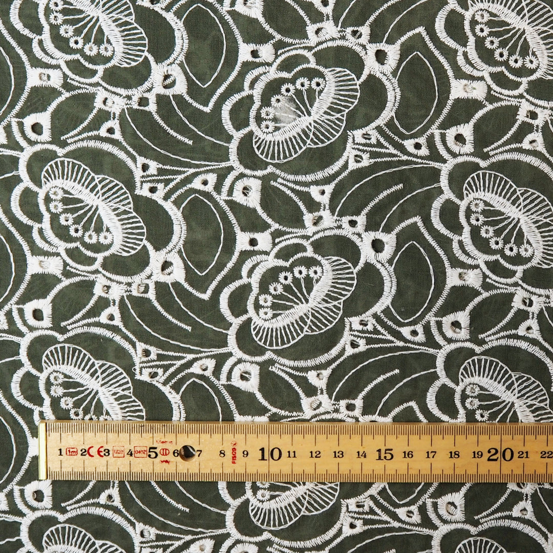 Khaki green puzzle floral embroidered cotton poplin fabric for dressmaking