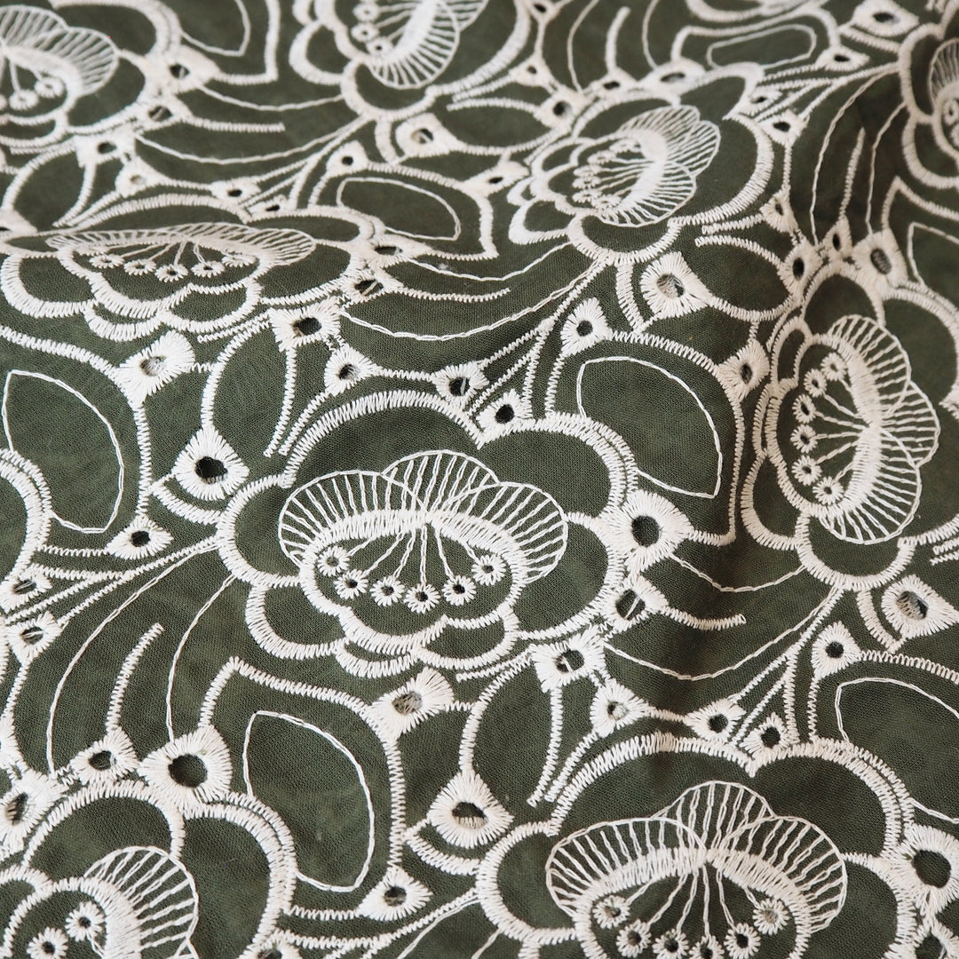 Khaki green puzzle floral embroidered cotton poplin fabric for dressmaking