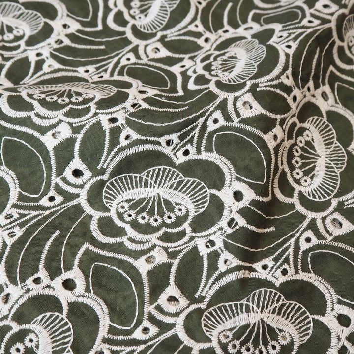 Khaki green puzzle floral embroidered cotton poplin fabric for dressmaking