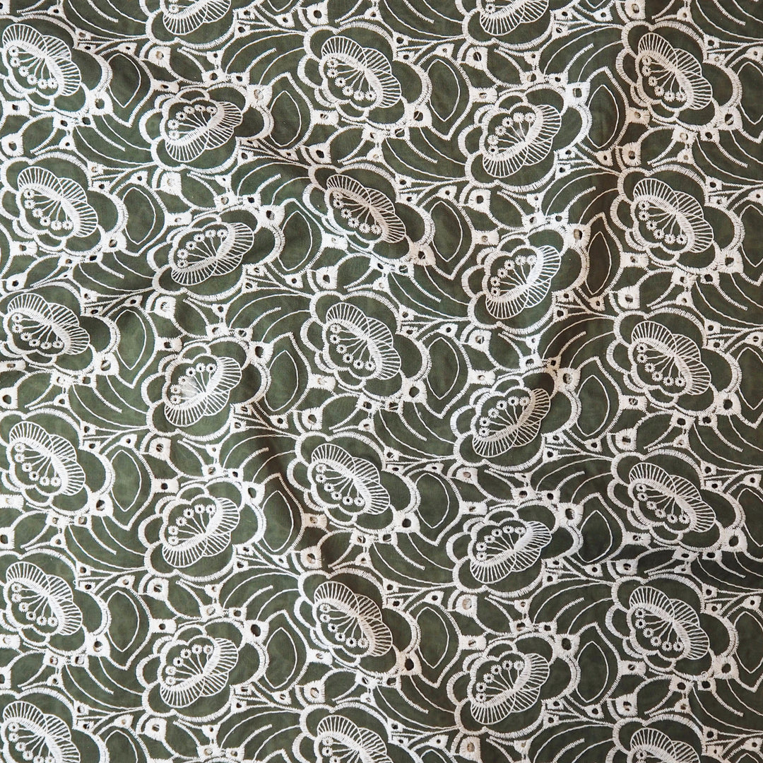 Khaki green puzzle floral embroidered cotton poplin fabric for dressmaking