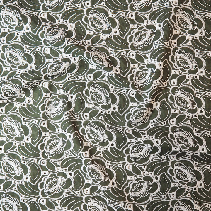 Khaki green puzzle floral embroidered cotton poplin fabric for dressmaking