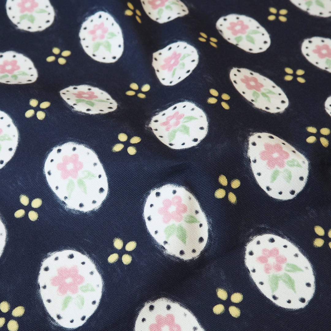 Fabric Godmother Bijou Flower navy stretch denim fabric