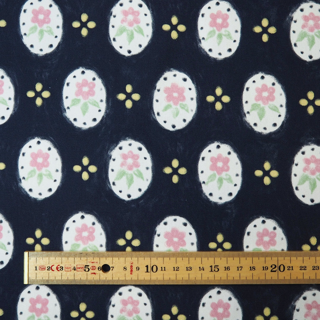 Fabric Godmother Bijou Flower navy stretch denim fabric