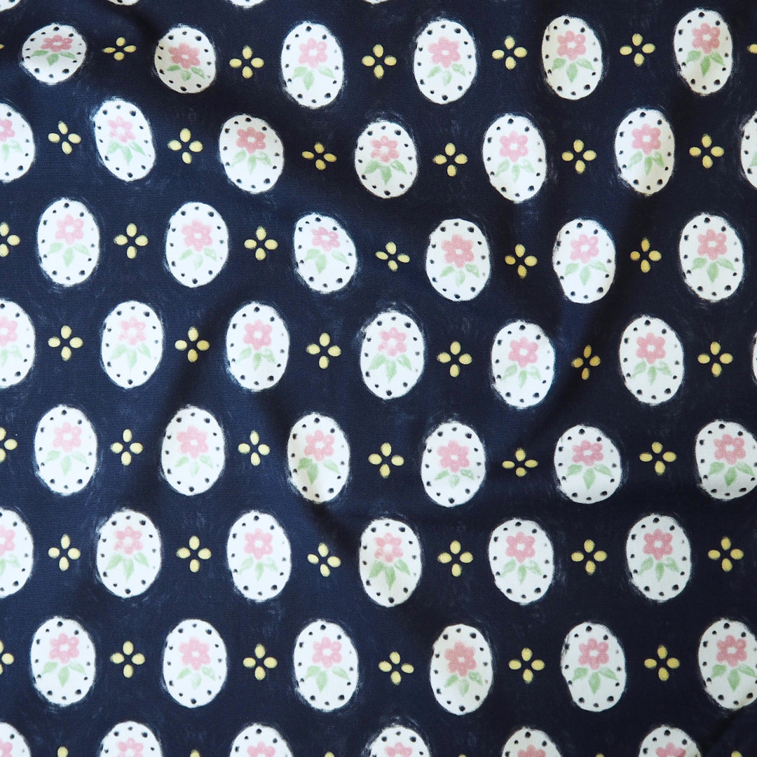 Fabric Godmother Bijou Flower navy stretch denim fabric