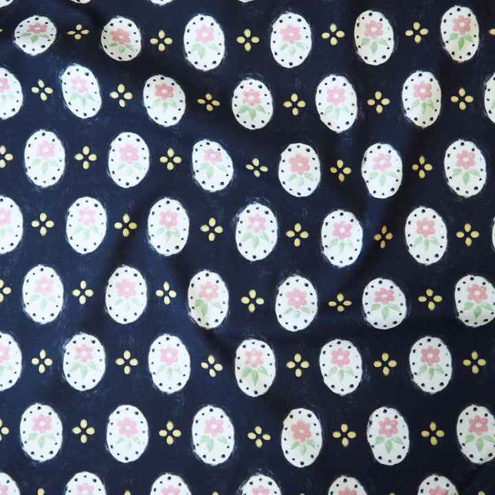 Fabric Godmother Bijou Flower navy stretch denim fabric