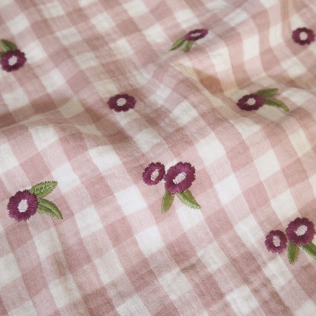 Wildflower gingham embroidered cotton double gauze fabric for dressmaking tops