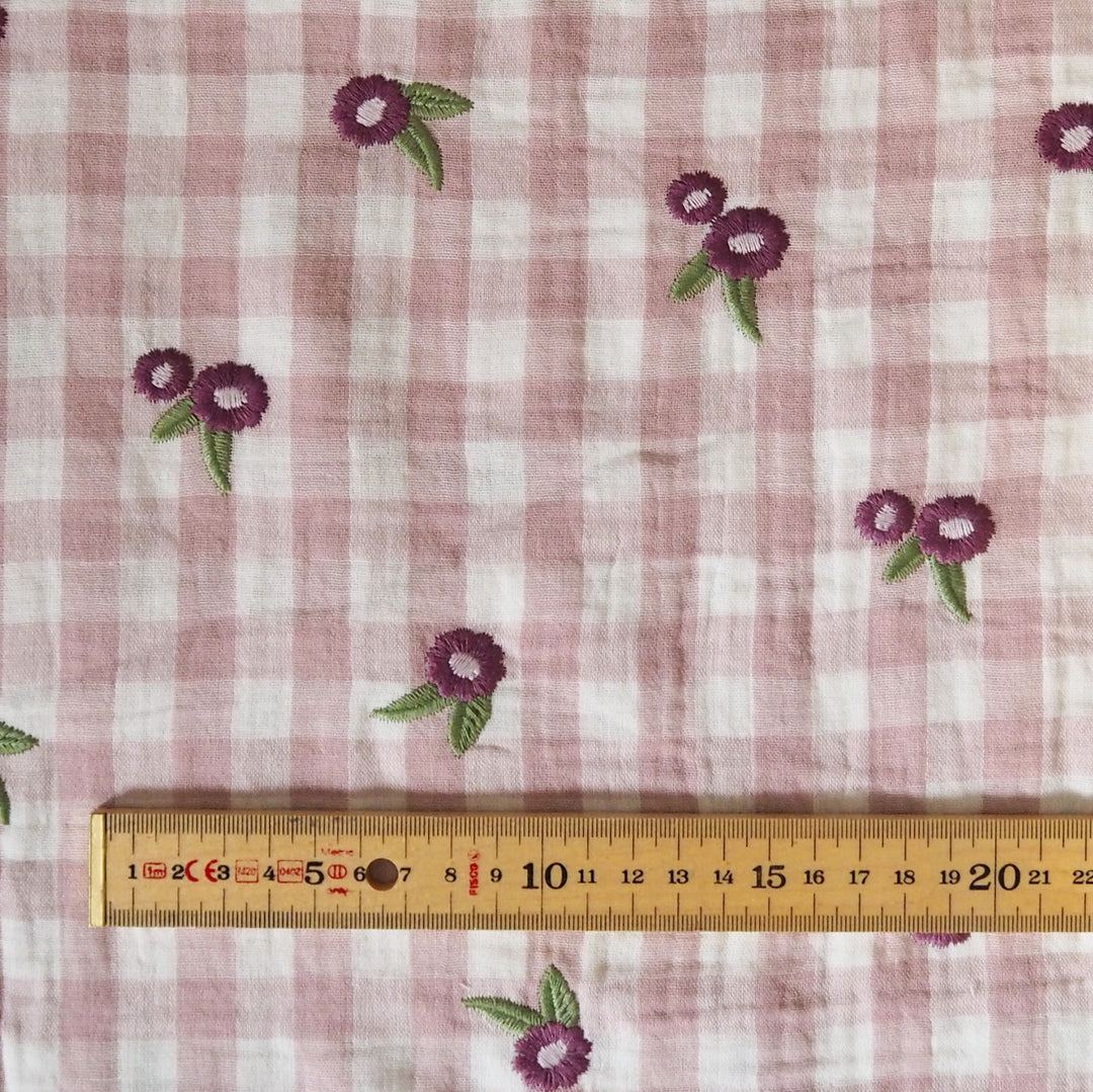 Wildflower gingham embroidered cotton double gauze fabric for dressmaking tops
