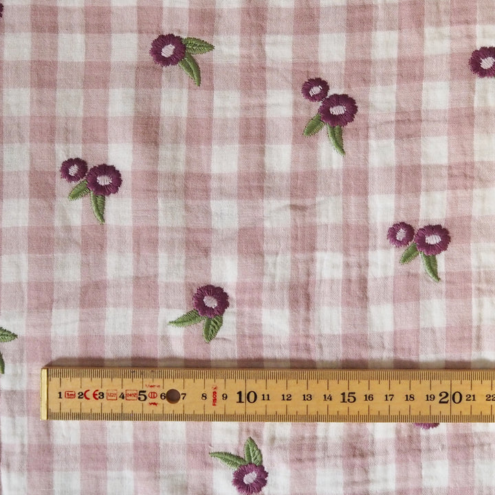 Wildflower gingham embroidered cotton double gauze fabric for dressmaking tops