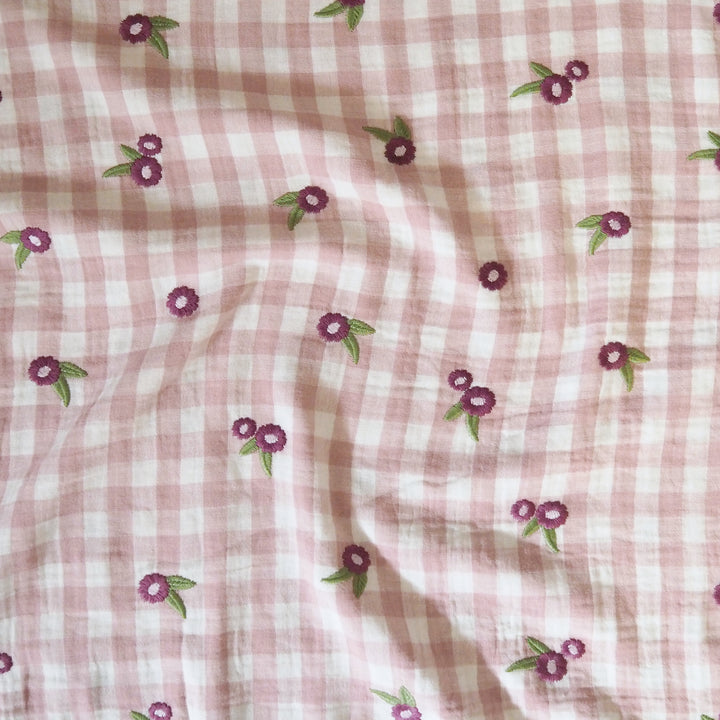 Wildflower gingham embroidered cotton double gauze fabric for dressmaking tops
