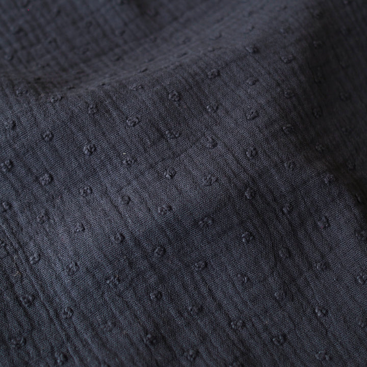 Navy dobby spot cotton double gauze dressmaking fabric