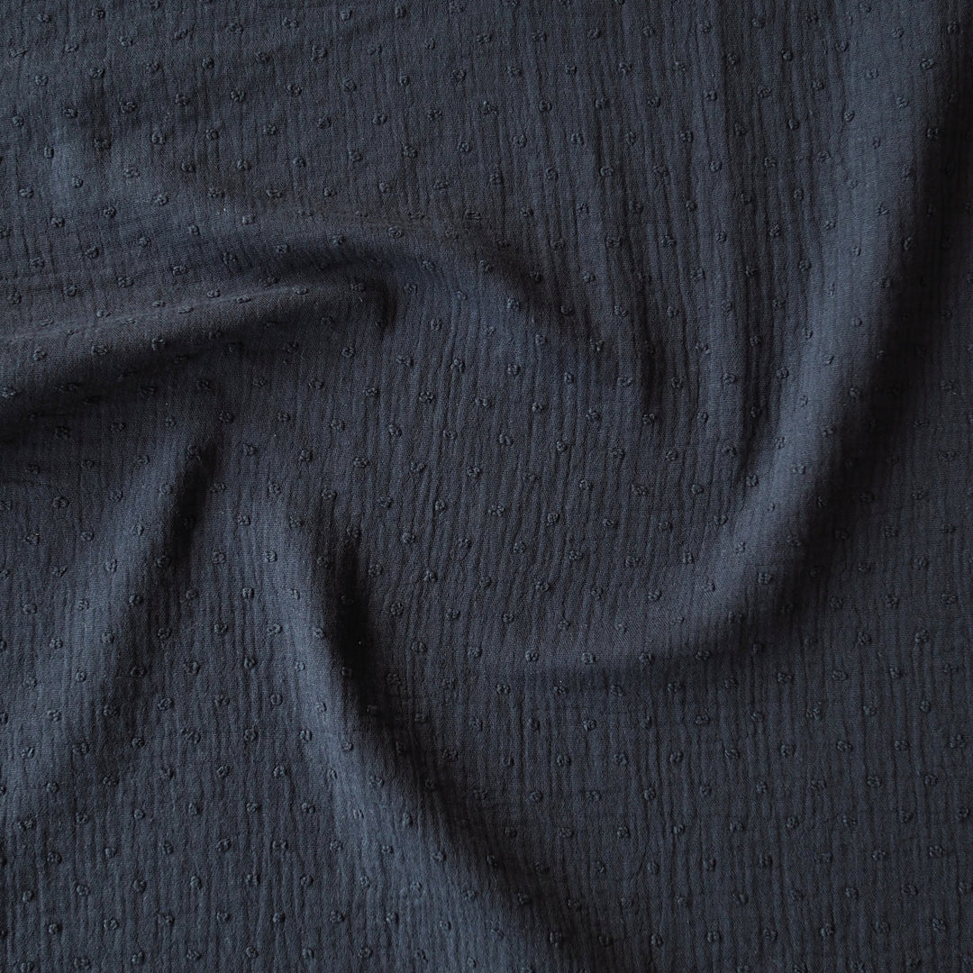 Navy dobby spot cotton double gauze dressmaking fabric