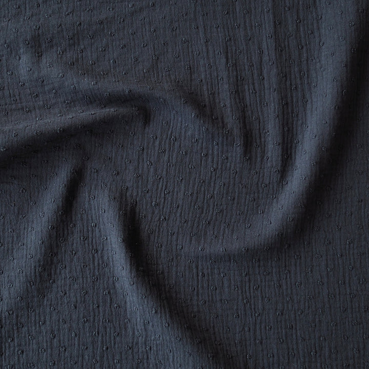 Navy dobby spot cotton double gauze dressmaking fabric