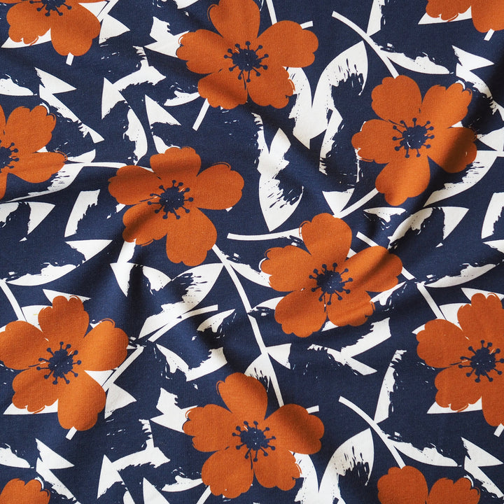 Folk petal floral cotton French terry sweatshirt fabric for dressmaking