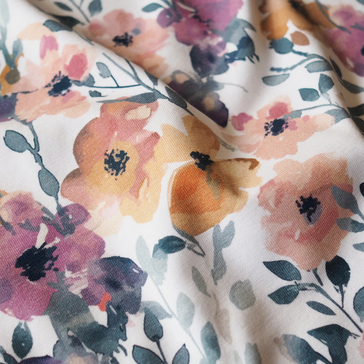 Dusky garden floral organic cotton jersey stretch fabric for dressmaking