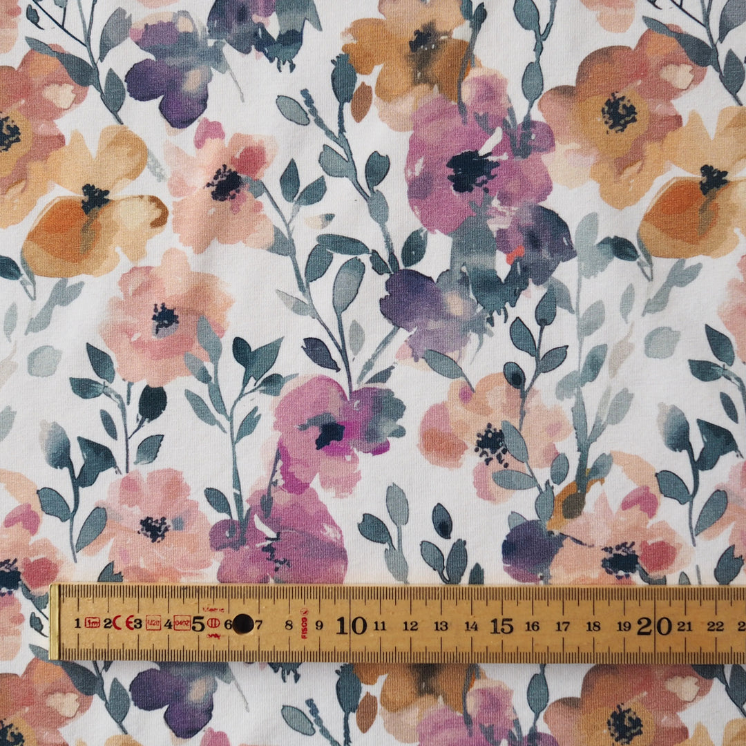 Dusky garden floral organic cotton jersey stretch fabric for dressmaking