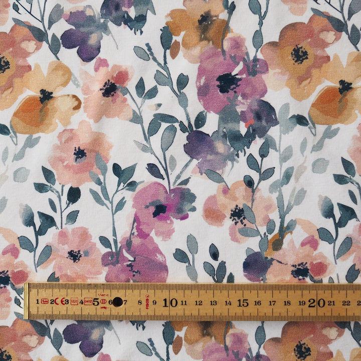 Dusky garden floral organic cotton jersey stretch fabric for dressmaking