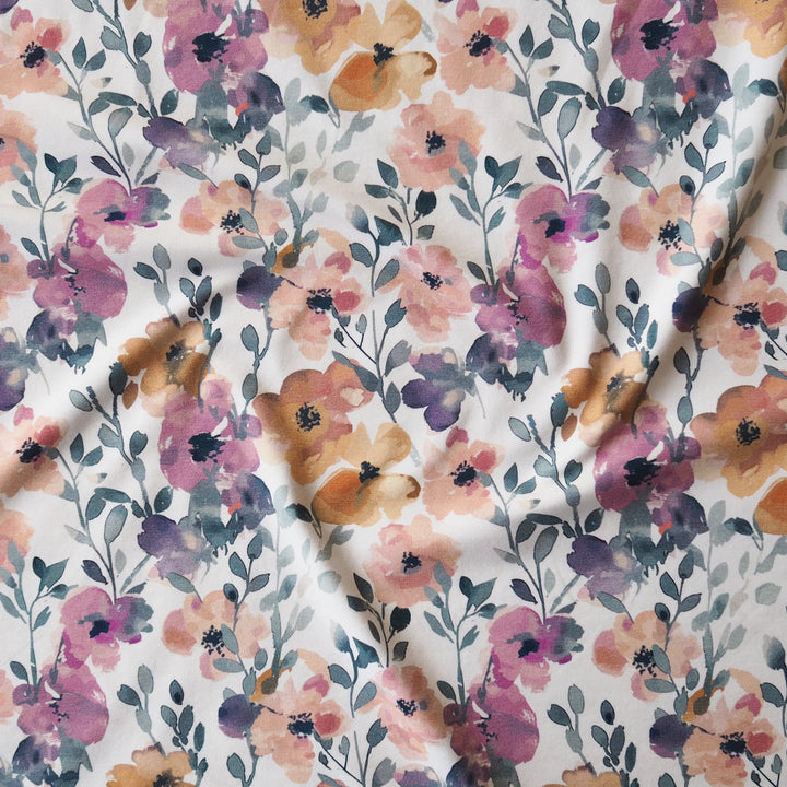 Dusky garden floral organic cotton jersey stretch fabric for dressmaking