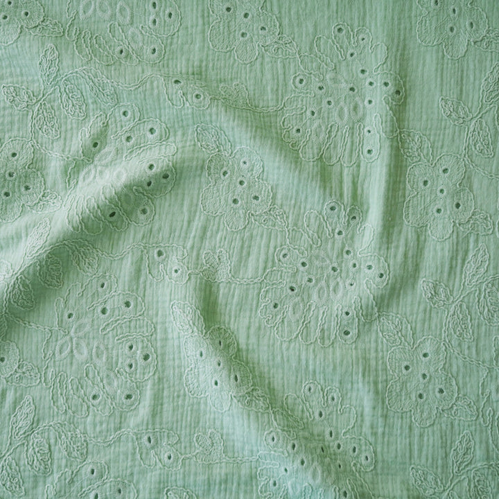 Mint Monstera Embroidered Cotton Double Gauze Fabric for dressmaking