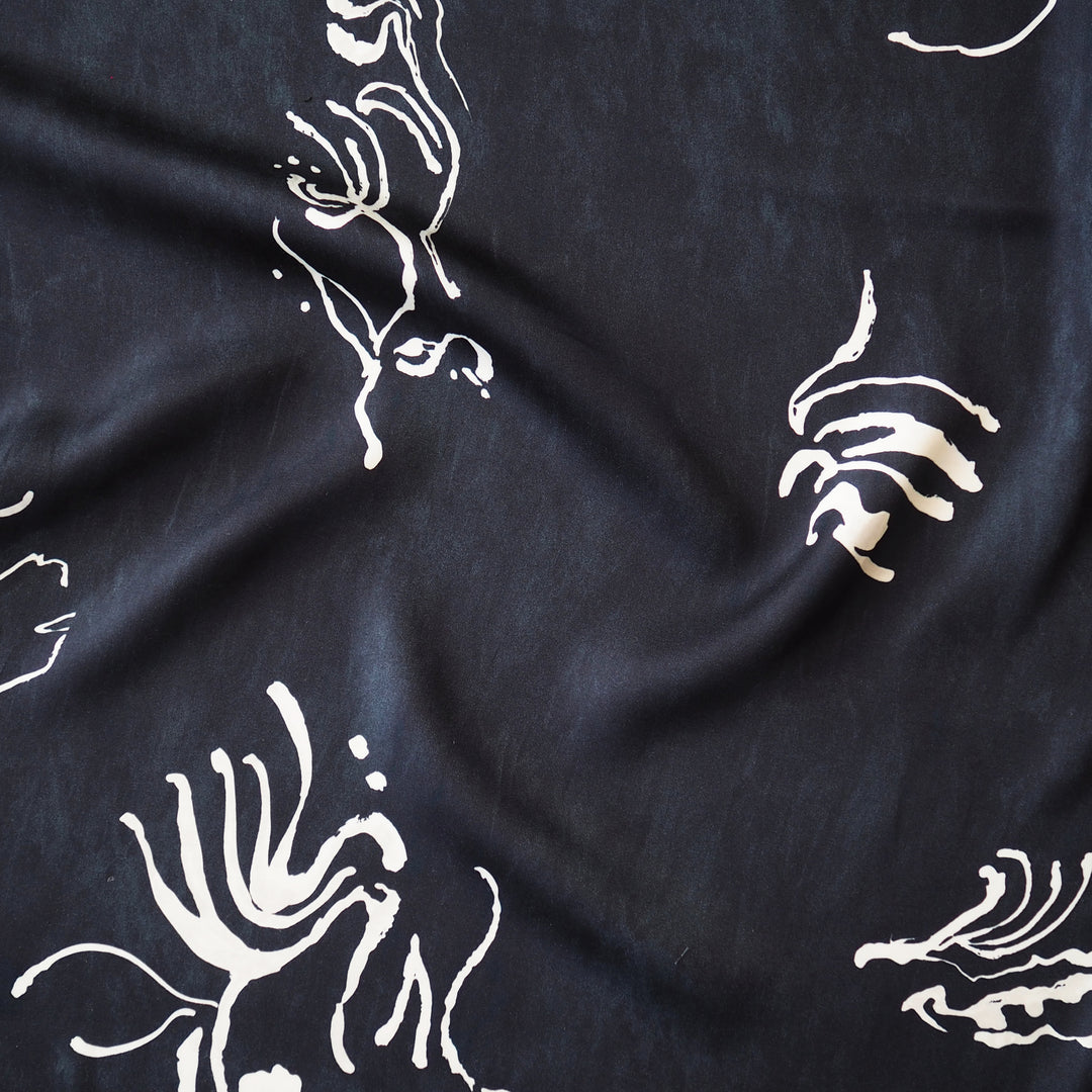 Midnight Botanical Viscose Sateen Fabric for dressmaking