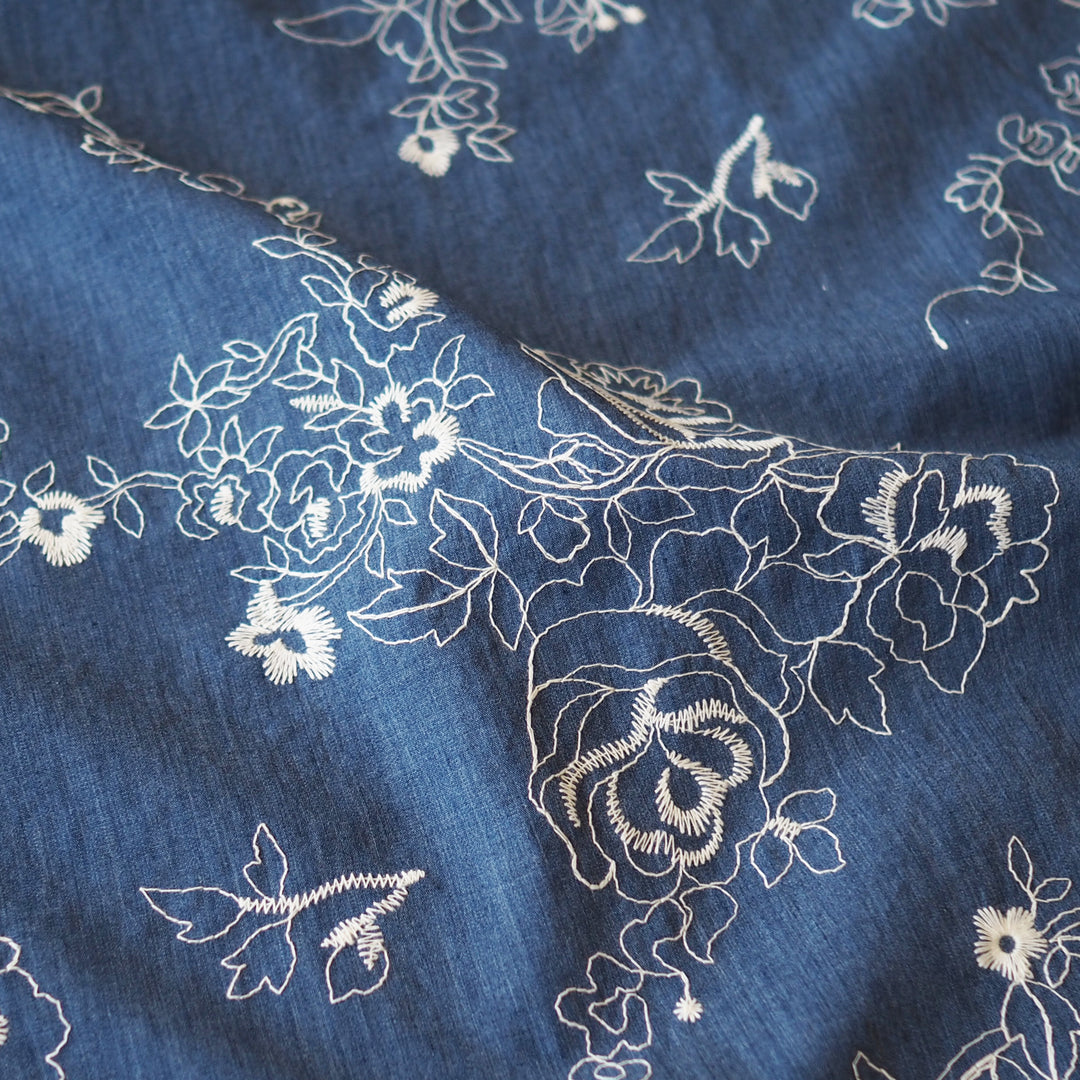 Floral Lines Embroidered Cotton Chambray Fabric for dressmaking
