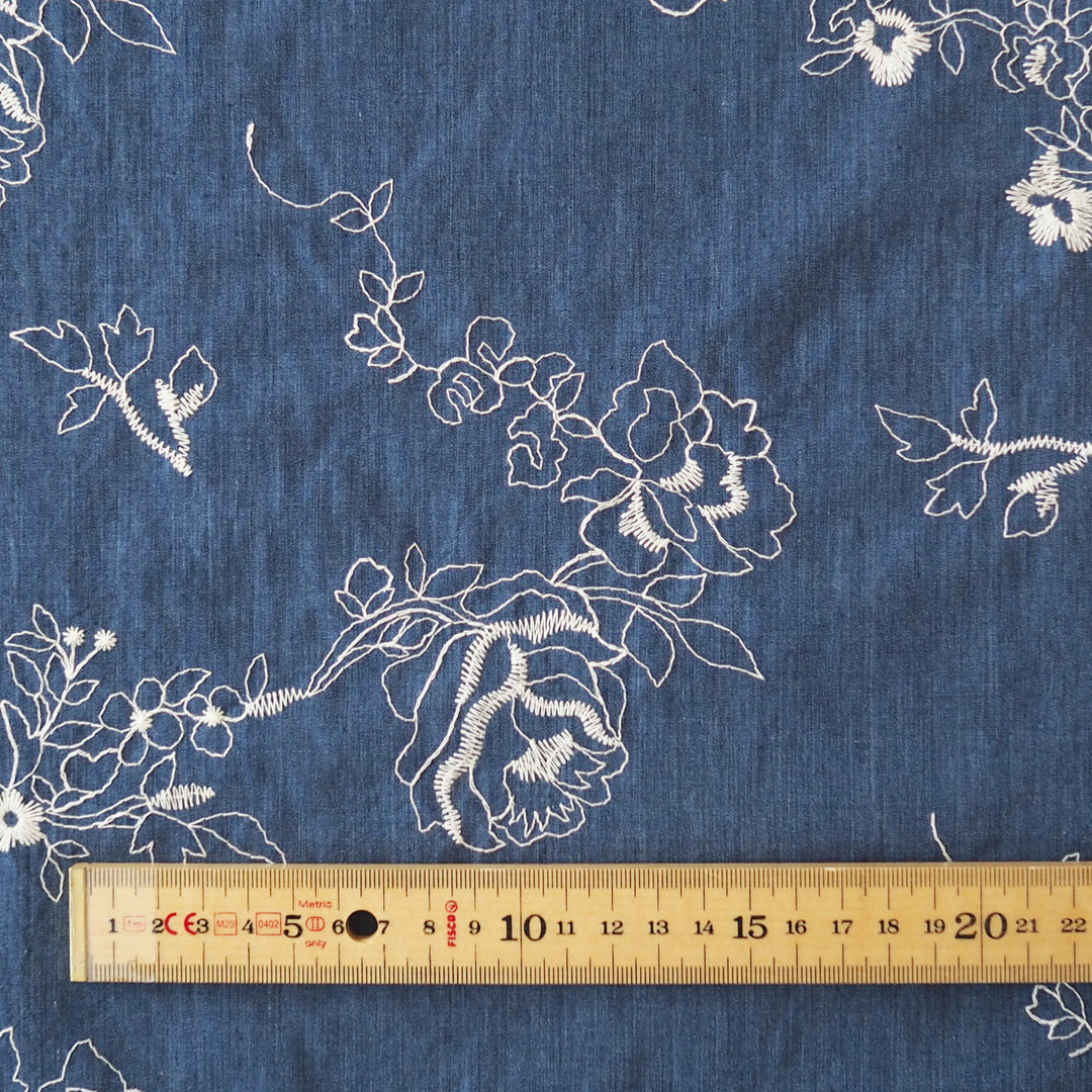 Floral Lines Embroidered Cotton Chambray Fabric for dressmaking