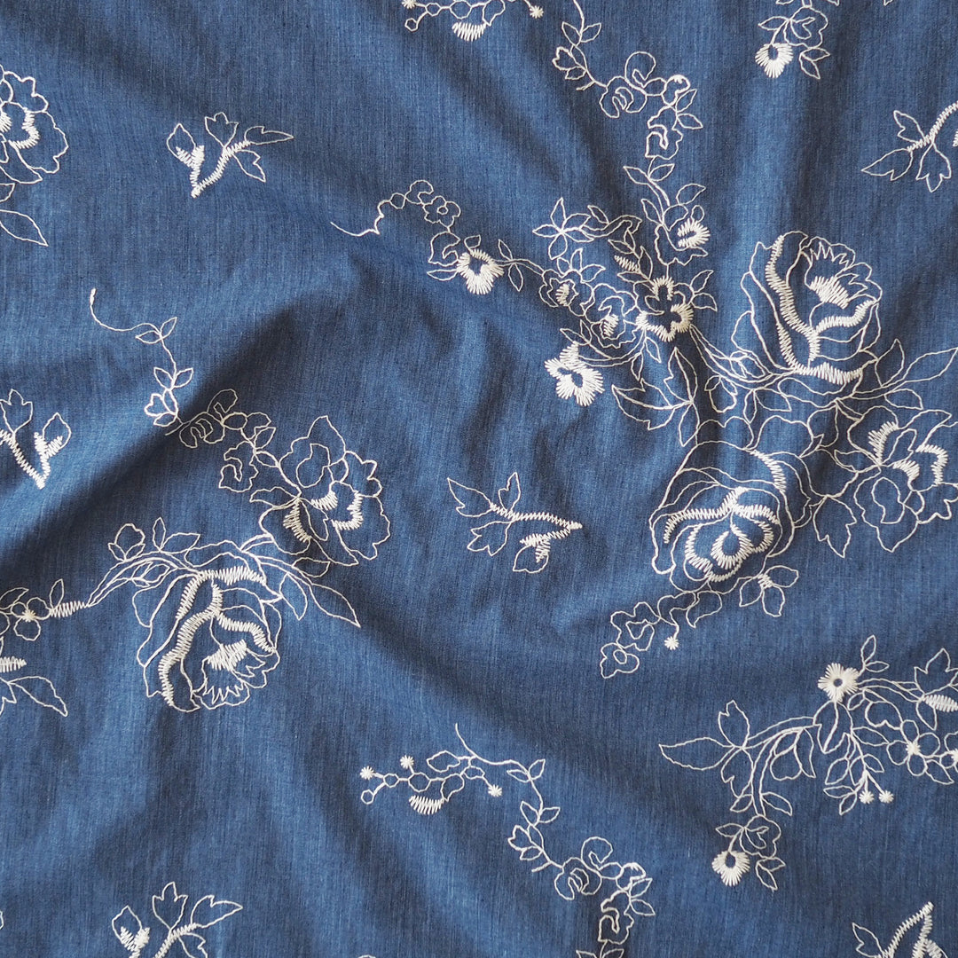 Floral Lines Embroidered Cotton Chambray Fabric for dressmaking