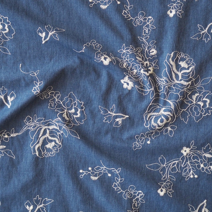 Floral Lines Embroidered Cotton Chambray Fabric for dressmaking