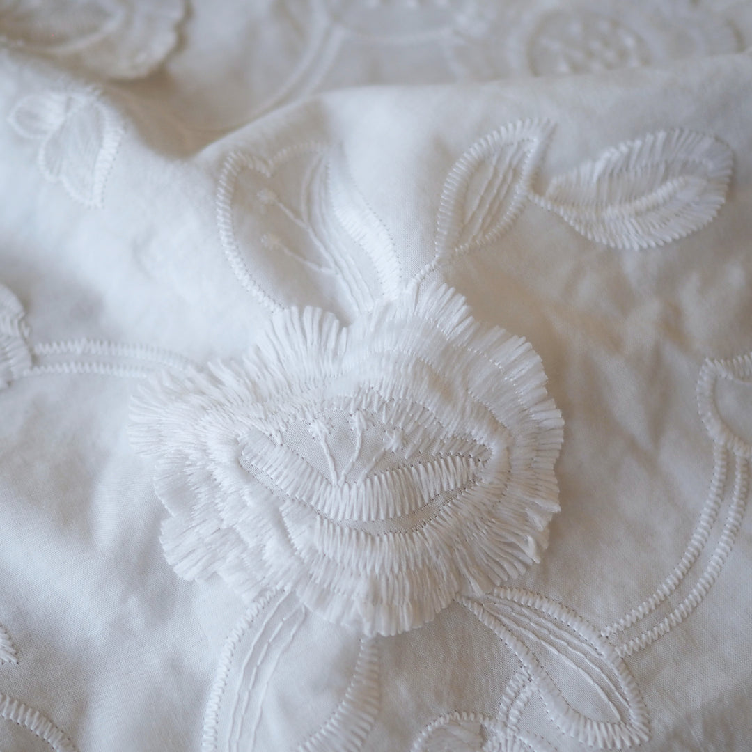 White Fringed Florals Cotton Fabric for dressmaking