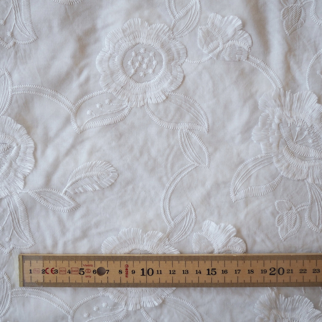 White Fringed Florals Cotton Fabric for dressmaking