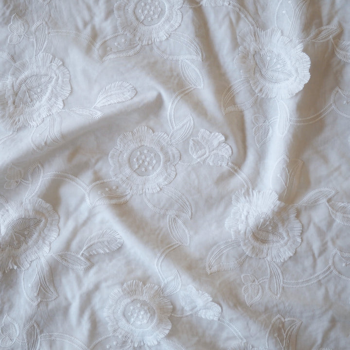 White Fringed Florals Cotton Fabric for dressmaking