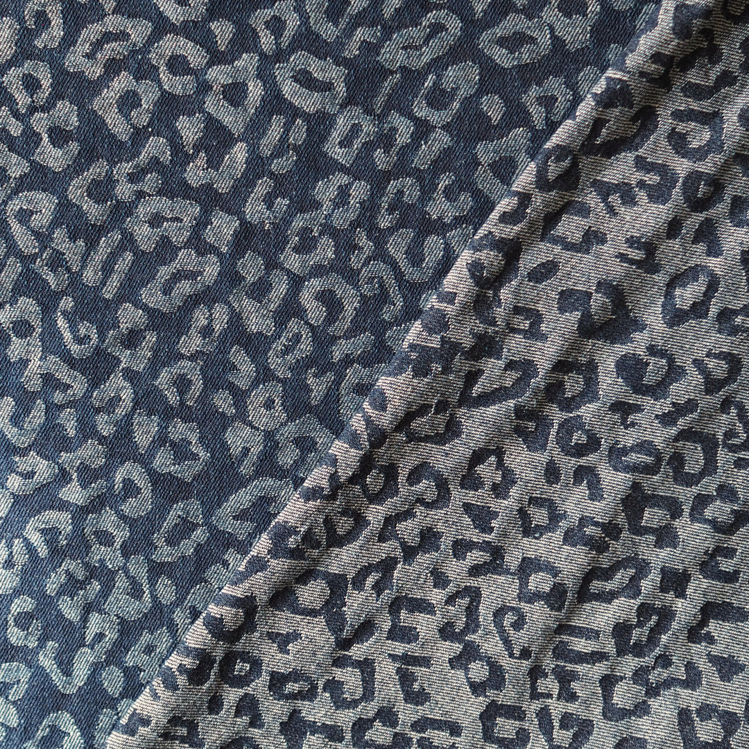 Indigo Leopard Jacquard Cotton Denim Fabric for dressmaking