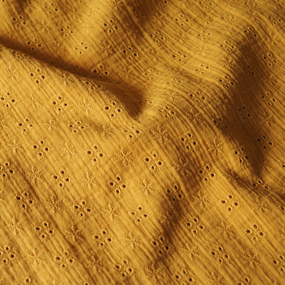 Ochre Ditsy Embroidered Cotton Double Gauze Fabric for dressmaking