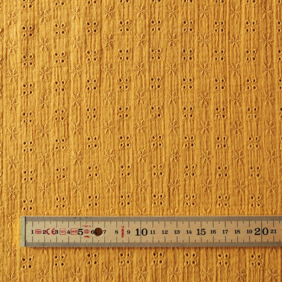 Ochre Ditsy Embroidered Cotton Double Gauze Fabric for dressmaking