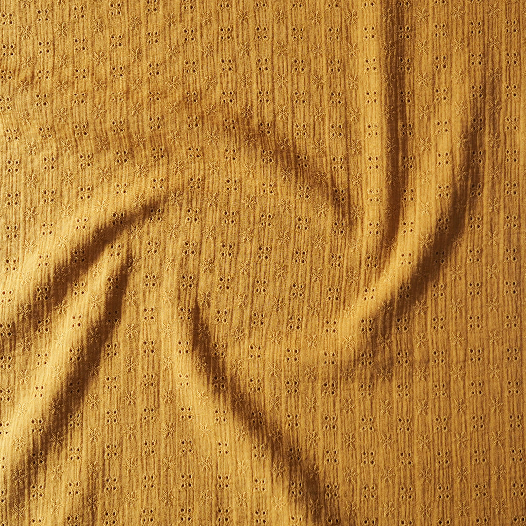 Ochre Ditsy Embroidered Cotton Double Gauze Fabric for dressmaking