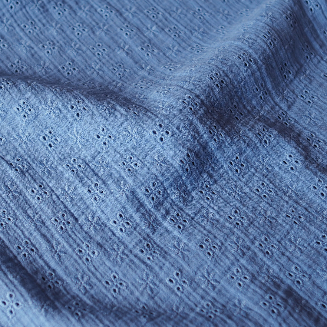 Cornflower Ditsy Embroidered Cotton Double Gauze Fabric for dressmaking