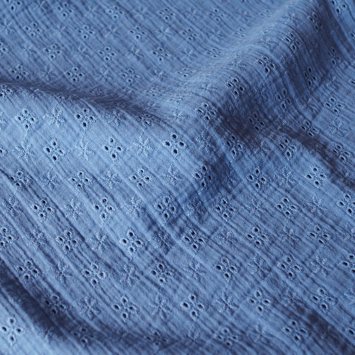 Cornflower Ditsy Embroidered Cotton Double Gauze Fabric for dressmaking