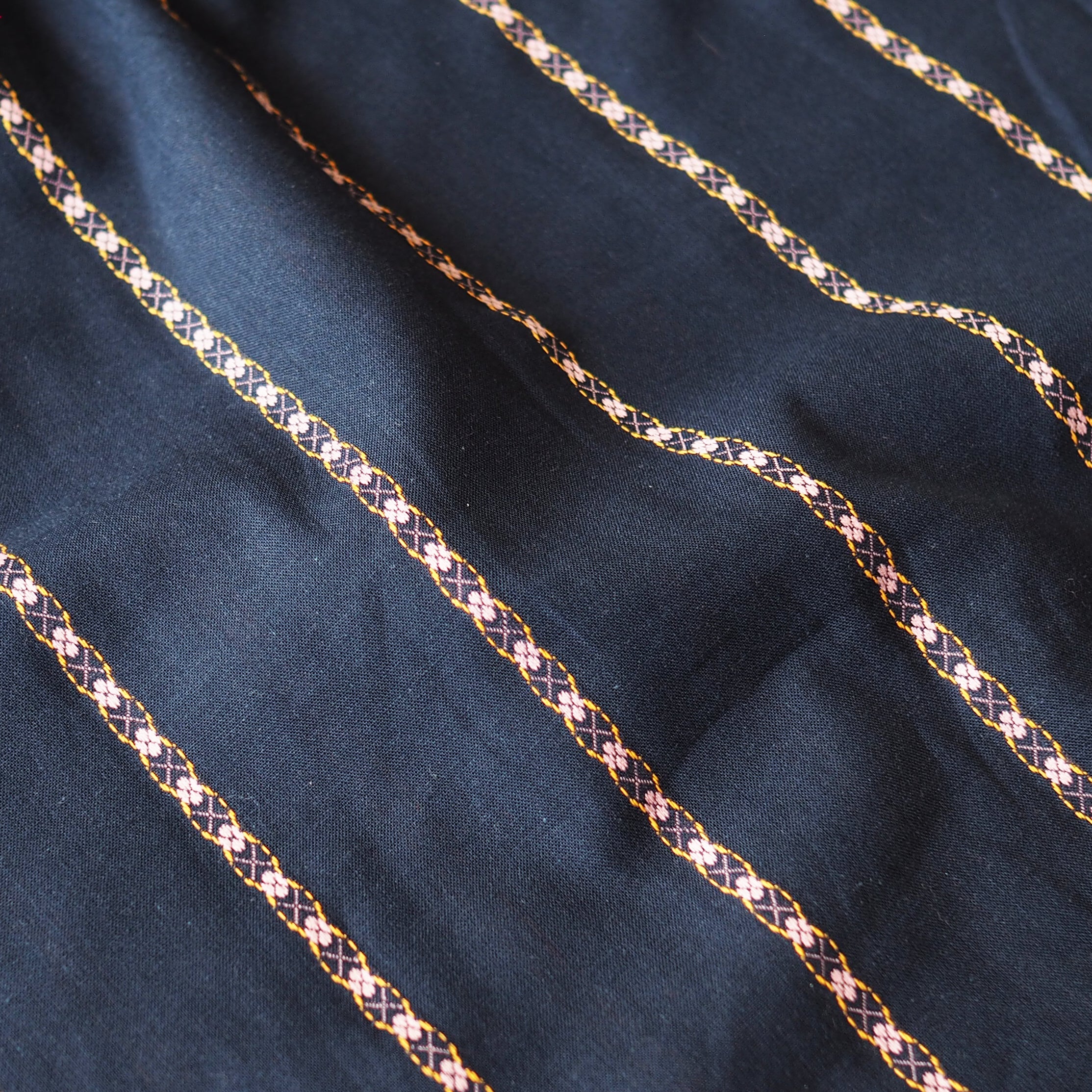 Navy Floral Chain Stripe Cotton Jacquard Fabric | Guthrie & Ghani