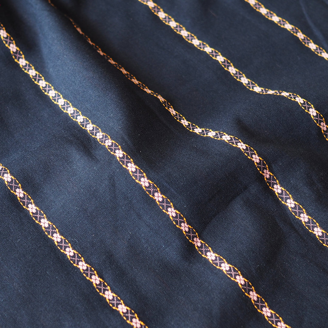 Navy Floral Chain Stripe Cotton Jacquard Fabric for dressmaking