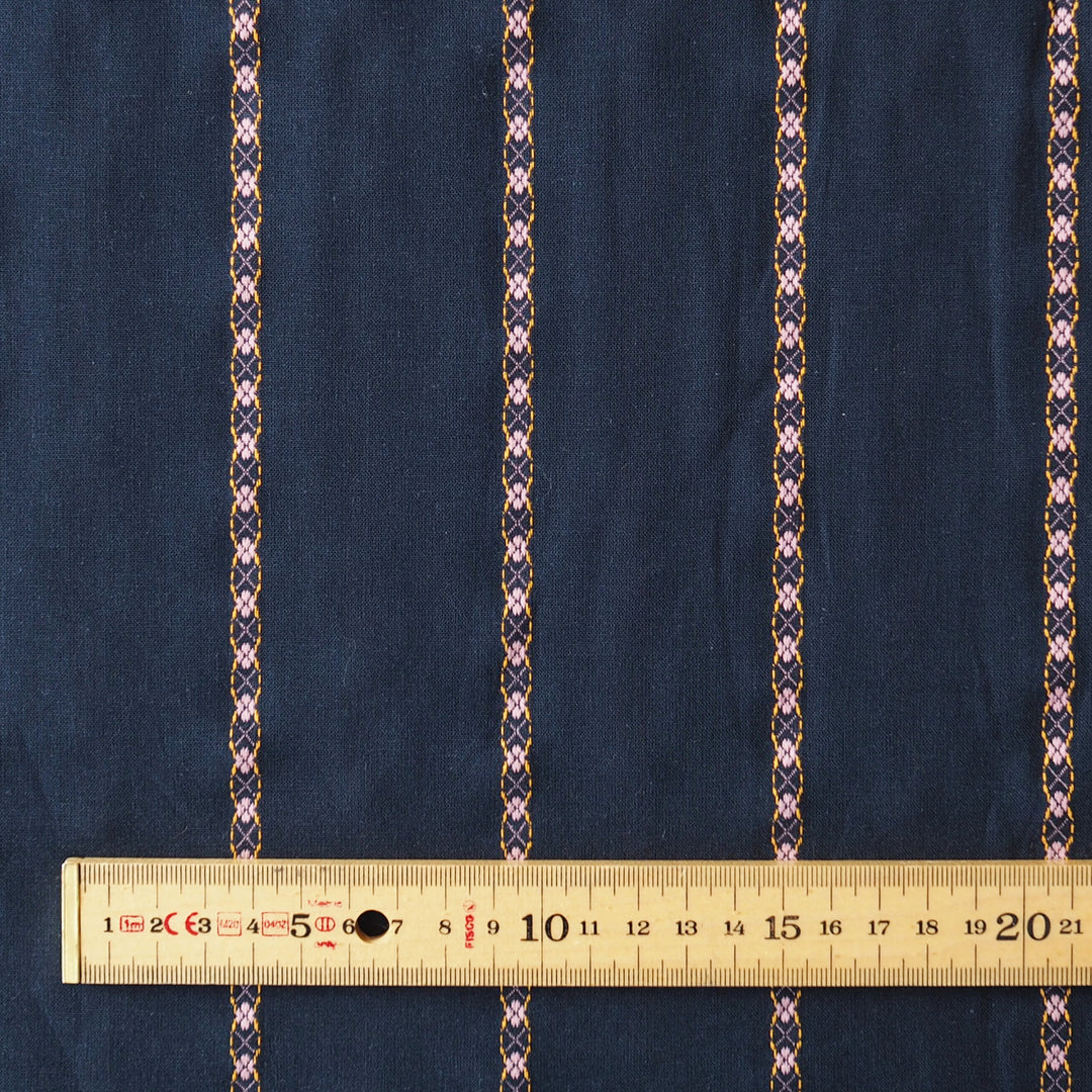Navy Floral Chain Stripe Cotton Jacquard Fabric for dressmaking