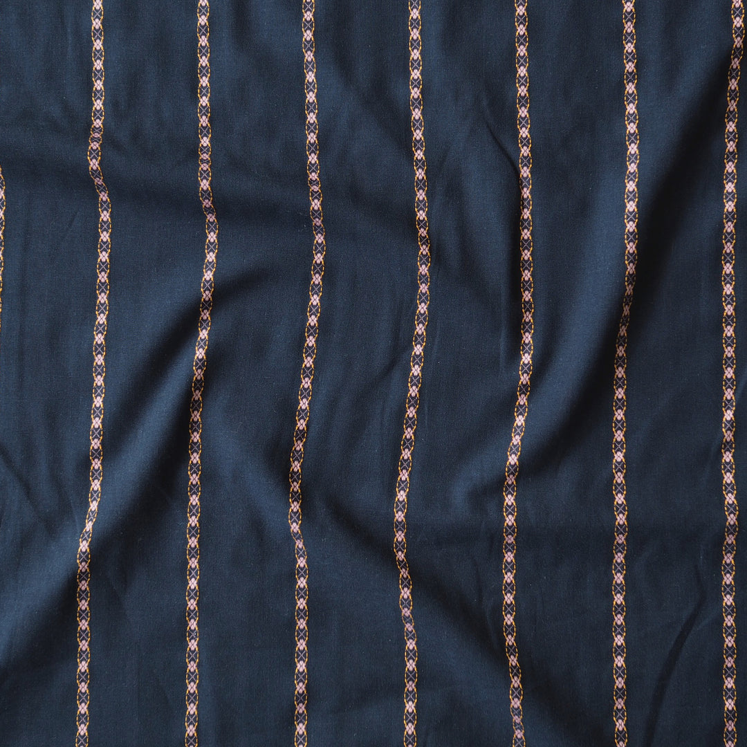 Navy Floral Chain Stripe Cotton Jacquard Fabric for dressmaking