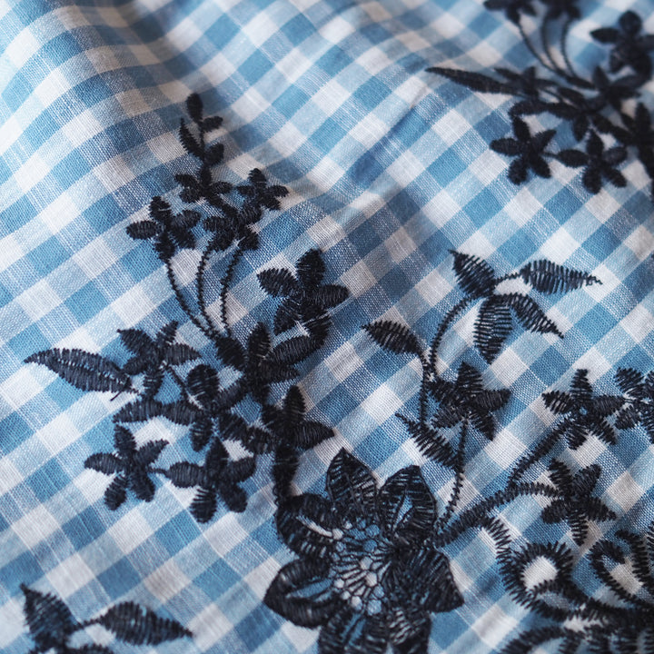 Blue Gingham Embroidered Border Cotton Fabric for dressmaking