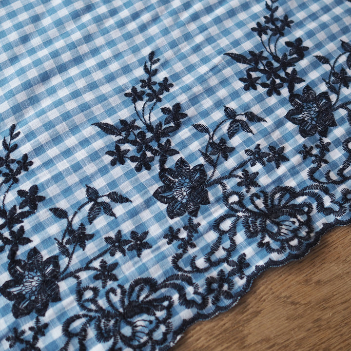 Blue Gingham Embroidered Border Cotton Fabric for dressmaking