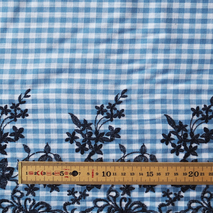 Blue Gingham Embroidered Border Cotton Fabric for dressmaking