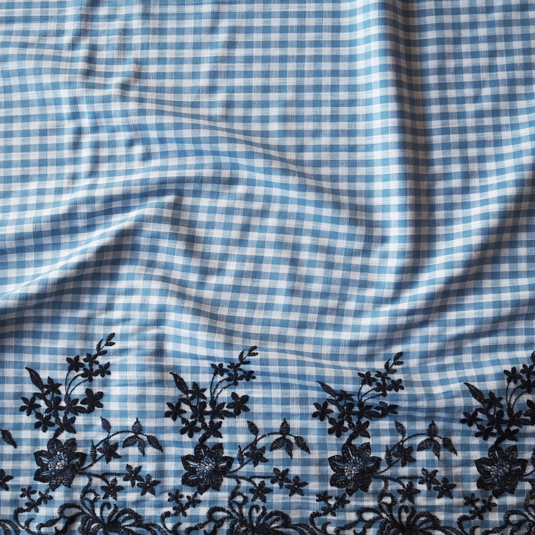 Blue Gingham Embroidered Border Cotton Fabric for dressmaking